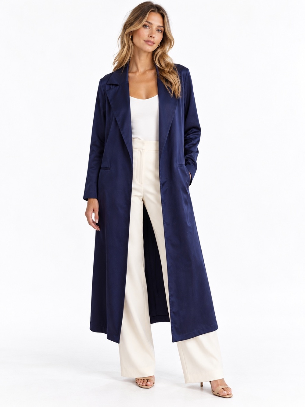 Allen Schwartz Navy Satin Longline Trench Duster Coat M Made USA